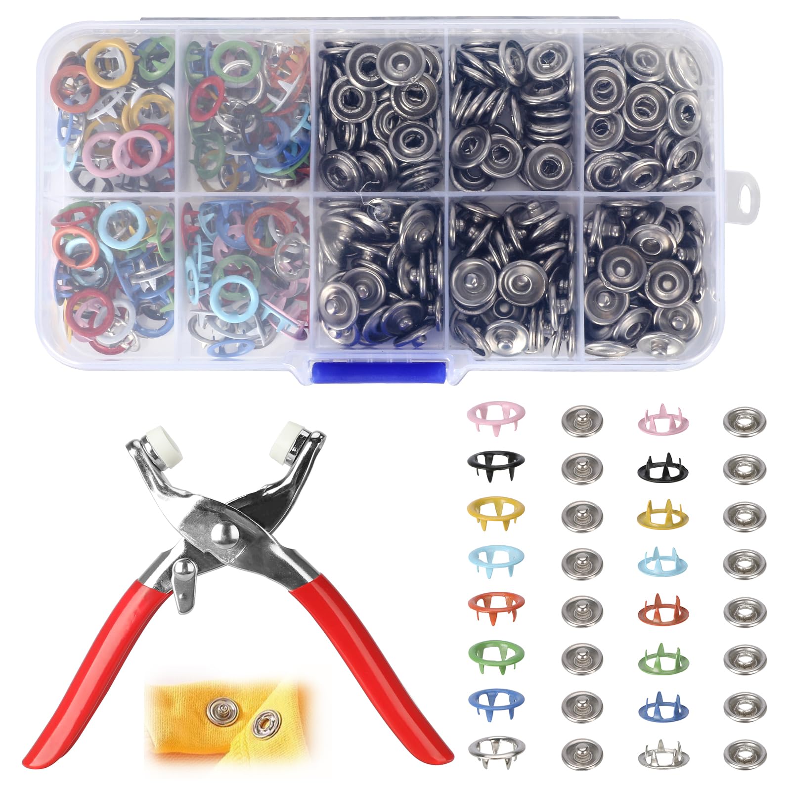 400Pcs Snap Button Fastener Kit, 5 Claw Metal Buckle Tool Set, Hollow and Solid Prong Snaps Buttons with Plier, Press Studs Without Sewing for Crafts Fabric DIY (Style 1)