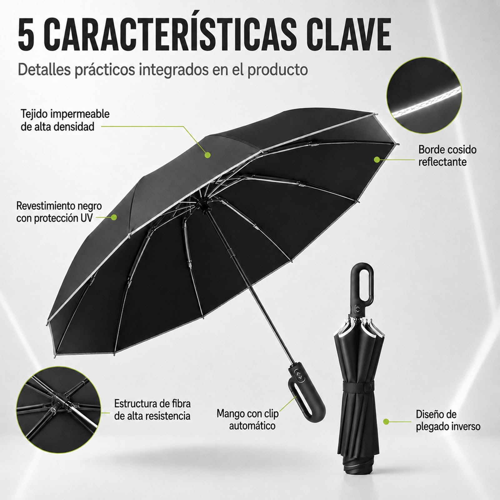 Starmguard Reverse Umbrella, Paraguas Plegable Invertido Automático, Resistente al Viento, Banda Reflectante