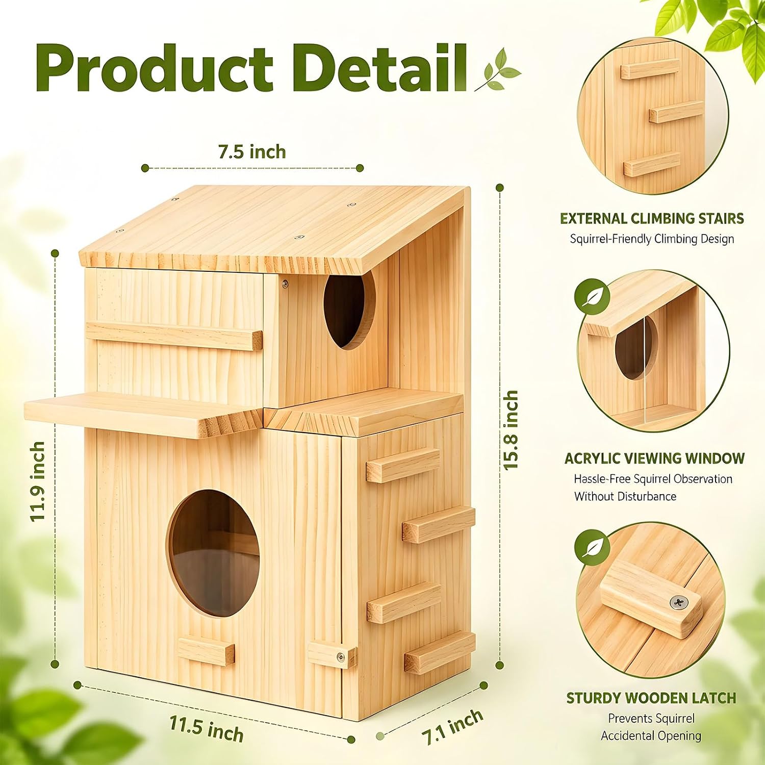 Premium Wooden Squirrel Nesting Box with Acrylic Observation Window & Dual Balconies, Easy Install Squirrel House Shelter for Tree or Fence