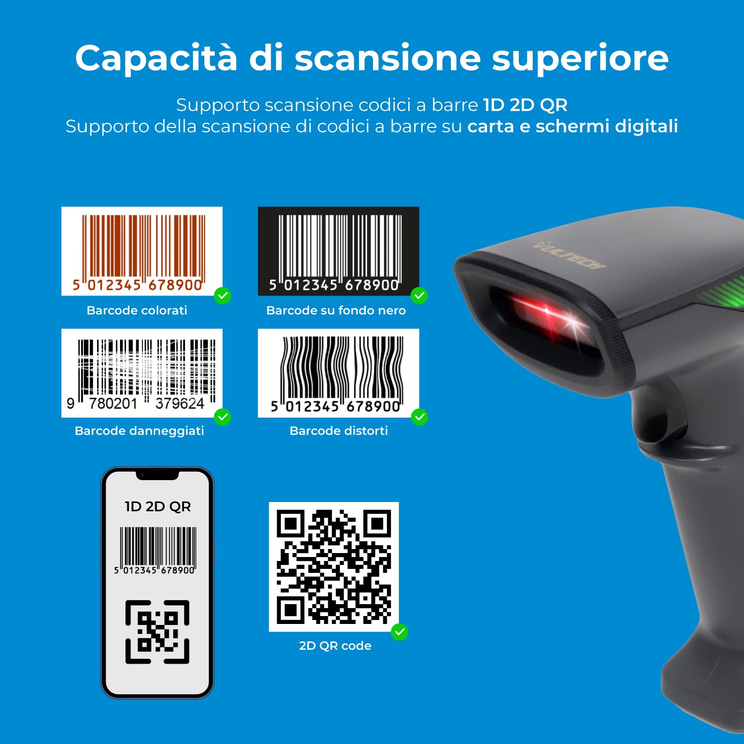 VulTech BC-07P-WBT Barcode Scanner Wireless 2.4Ghz / Bluetooth/USB Lettore Codici a Barre 2D 1D QR, Scansione su display, POS, Registratore Cassa Magazzino Supermercato Farmacia Windows/Mac/Linux