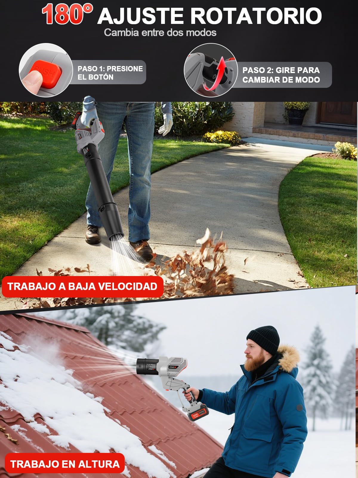 Soplador de Hojas inalámbrico con Modo Turbo,1189m³/h,21V,5 Marchas con 2 baterías de 4.0Ah y Cargador, Aspiradora Ligera con rotación de 180°para césped, Patio, Garaje, soplador de Hojas y Polvo