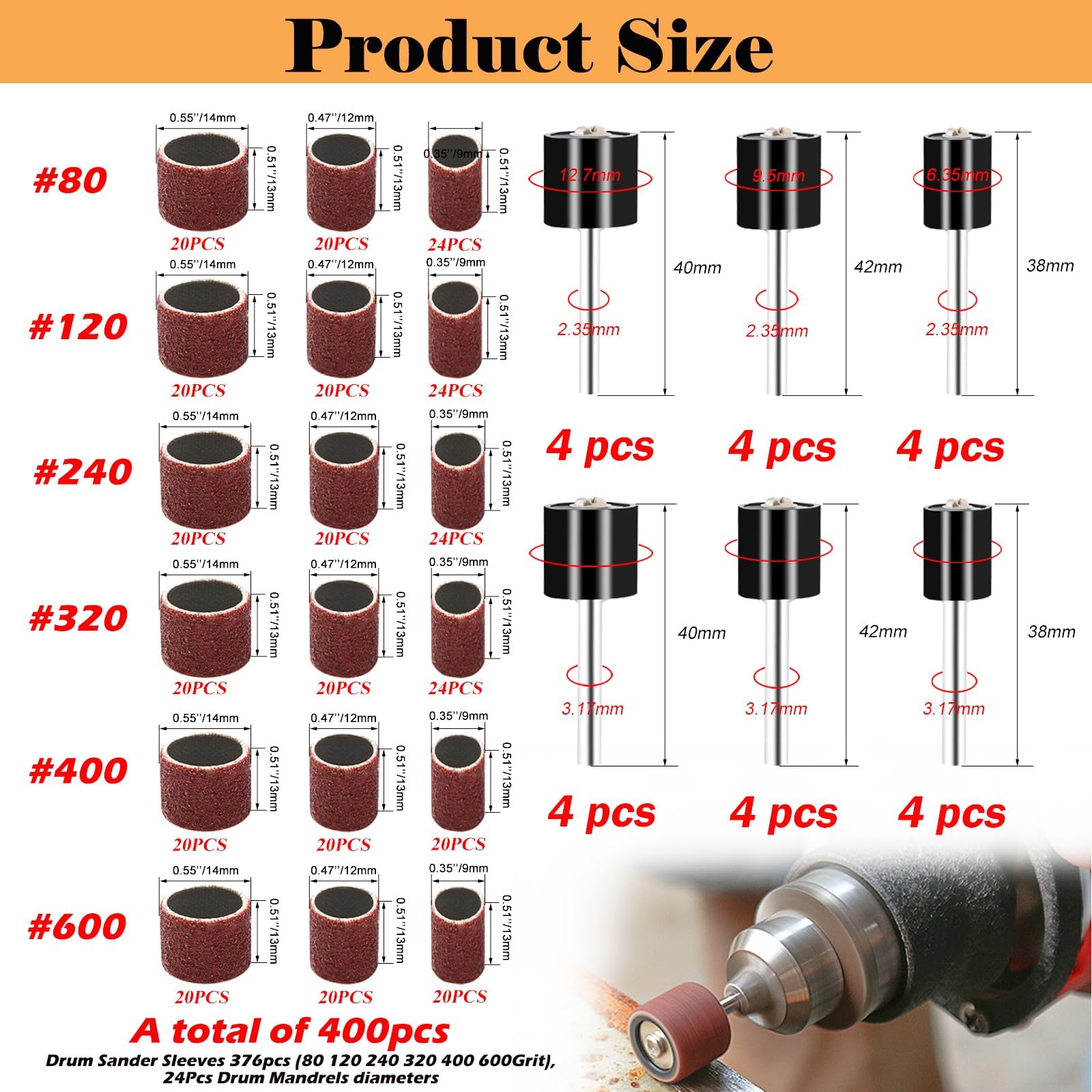 mxuteuk Lot de 400 tambours abrasifs avec 376 pièces (grain 80, 120, 240, 320, 400, 600), 24 mandrins de tambour de ponçage de différents diamètres pour outils rotatifs Dremel