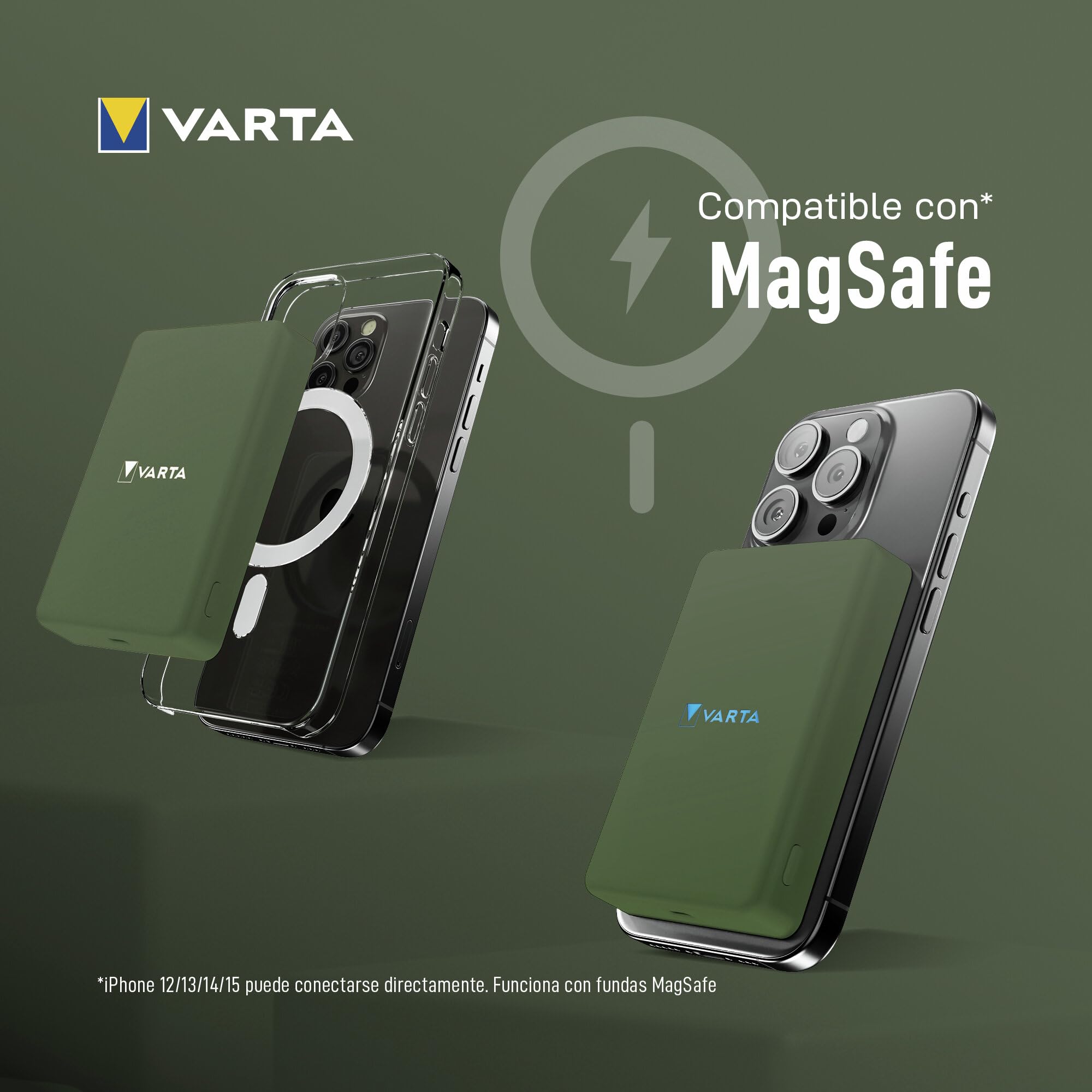 VARTA Batería Externa 5.000mAh, Power Bank inalámbrico magnético, Mag Pro Power on Demand, wireless, 7,5W, cargador con USB Tipo C, compatible con MagSafe y Qi Standard (iPhones y Android), verde | Power on Demand, carga inalámbrica MagSafe y Qi, cargador