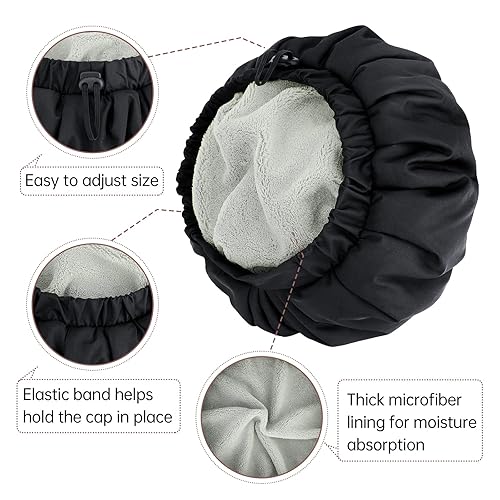 Miniatura 7 de Gorro de ducha de lujo para mujer, impermeable, reutilizable, doble capa, forro de microfibra con función de cabello seco, extra grande para cabello
