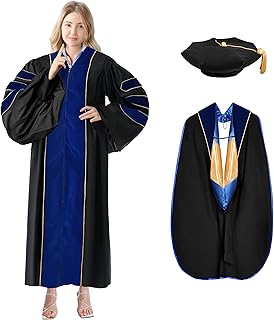 Happy Secret Doctoral Graduation Gown Set with 8-Sided Tam & Hood, Deluxe PhD Regalia with Velvet Trim and Gold Piping