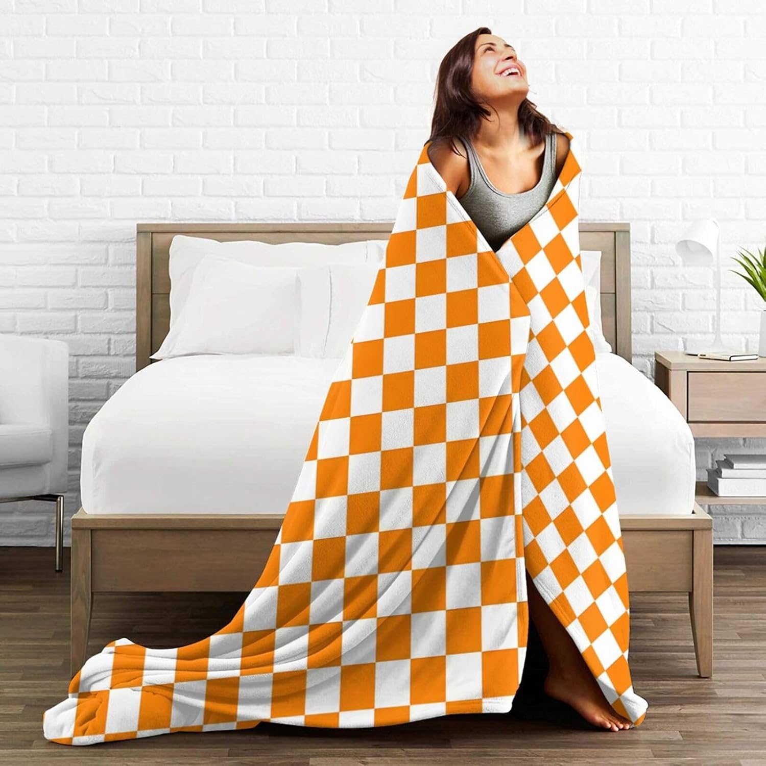 Flannel Orange White Checkered Pattern Throw Blanket- Ultra Soft Lightweight for Bed, Sofa, Travel & Camping 80"X60" Inch