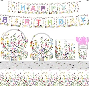 172Pcs Birthday Party Supplies Set, Includes Disposable Dinner & Dessert Plates, Cups, Napkins, Tablecloth, and Banner, Flowers Party Decorations for Girls/Boys Birthday Celebration, Serves 24 Guests