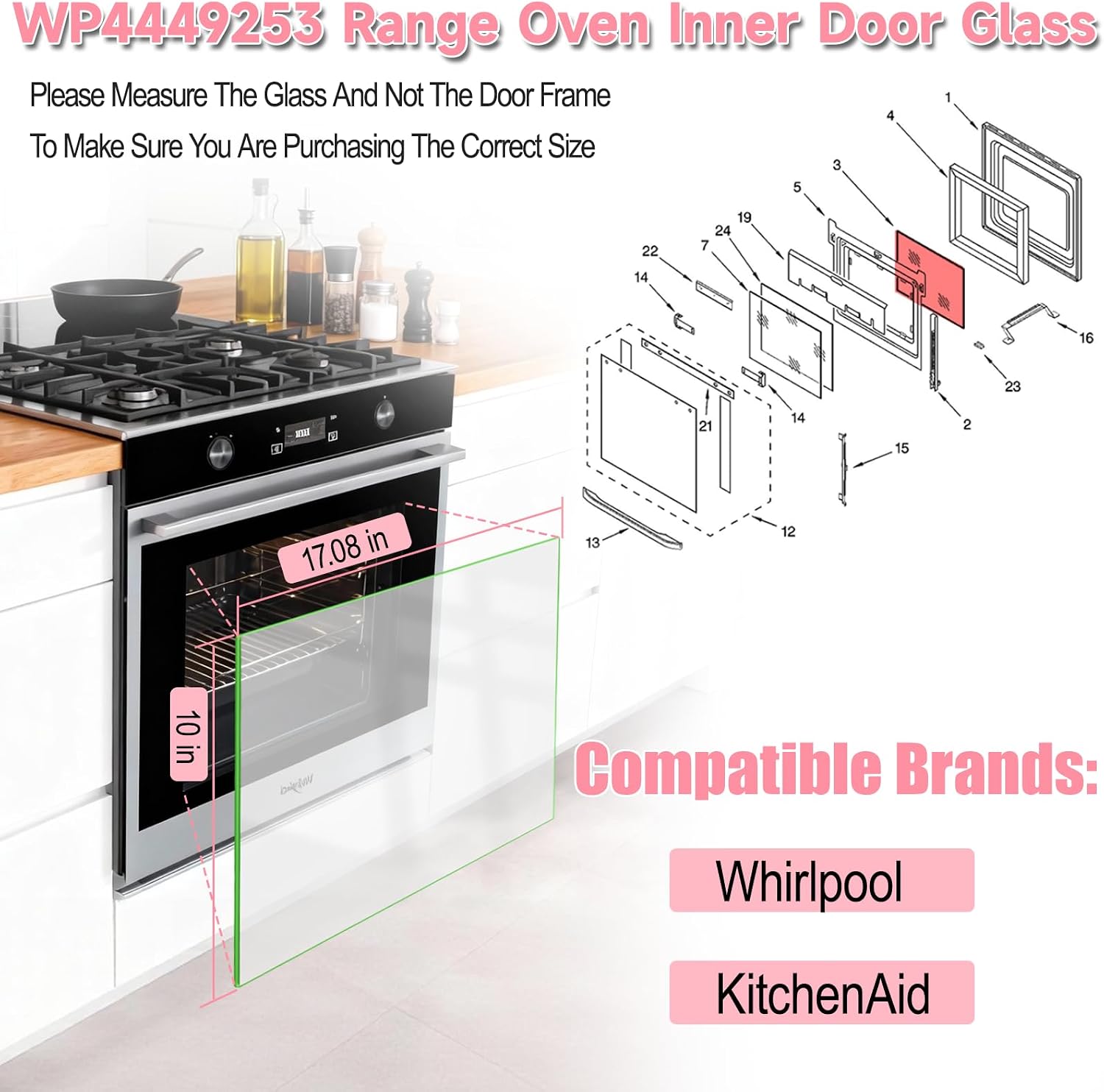 LXun Upgraded WP4449253 Oven Door Glass Compatible with Whirlpool KitchenAid Oven Parts for Whirlpool Inner Oven Door Glass Replace 4449252 4449253 AP6009382 PS11742541 EAP11742541 Oven Door Glass