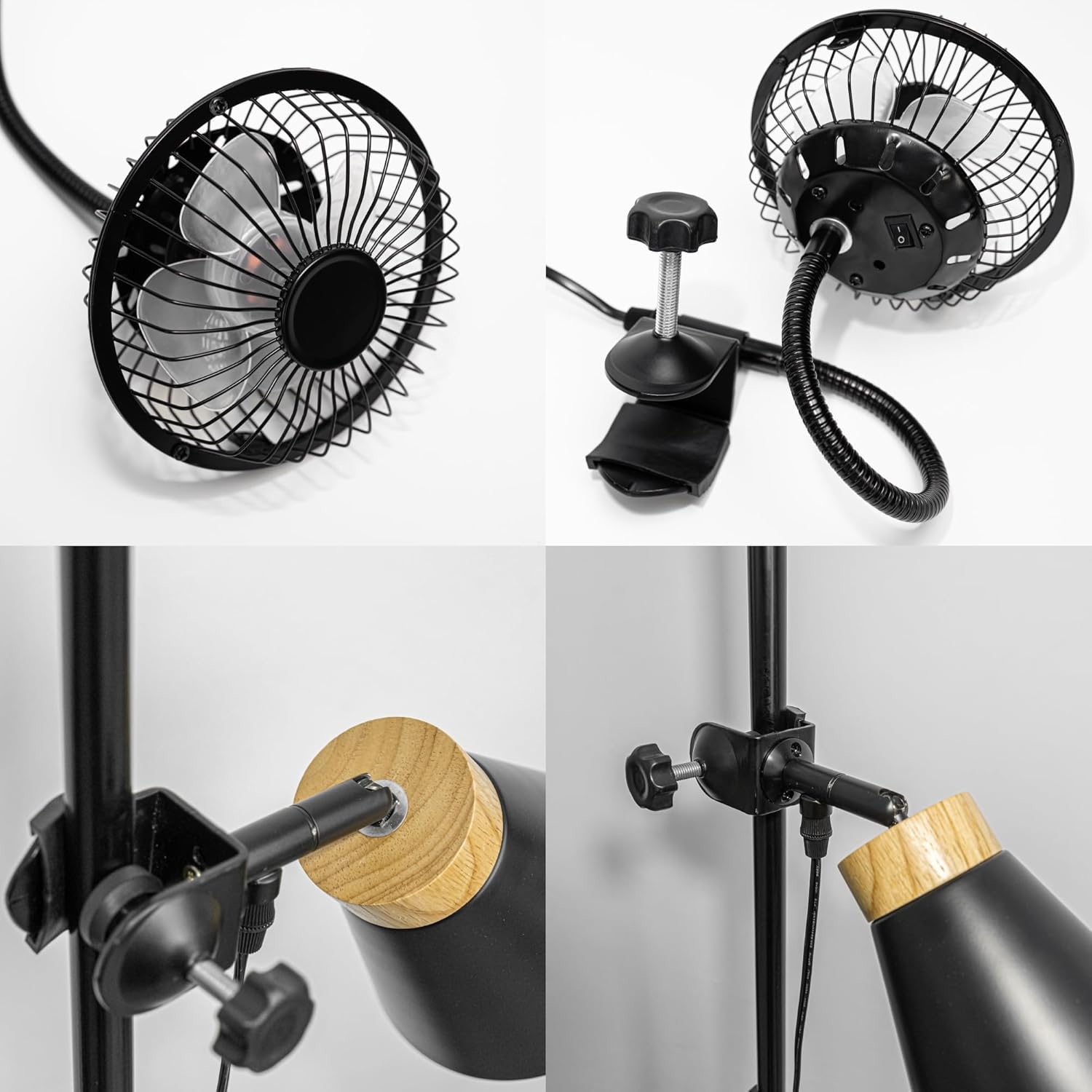 Clip-On Grow Light & Timer Fan 5.9ft Plug-in Cord, Flexible Adjustable Angle Black Metal Vintage Design Full Spectrum 4500K 10W Bulb For Indoor Plants Home
