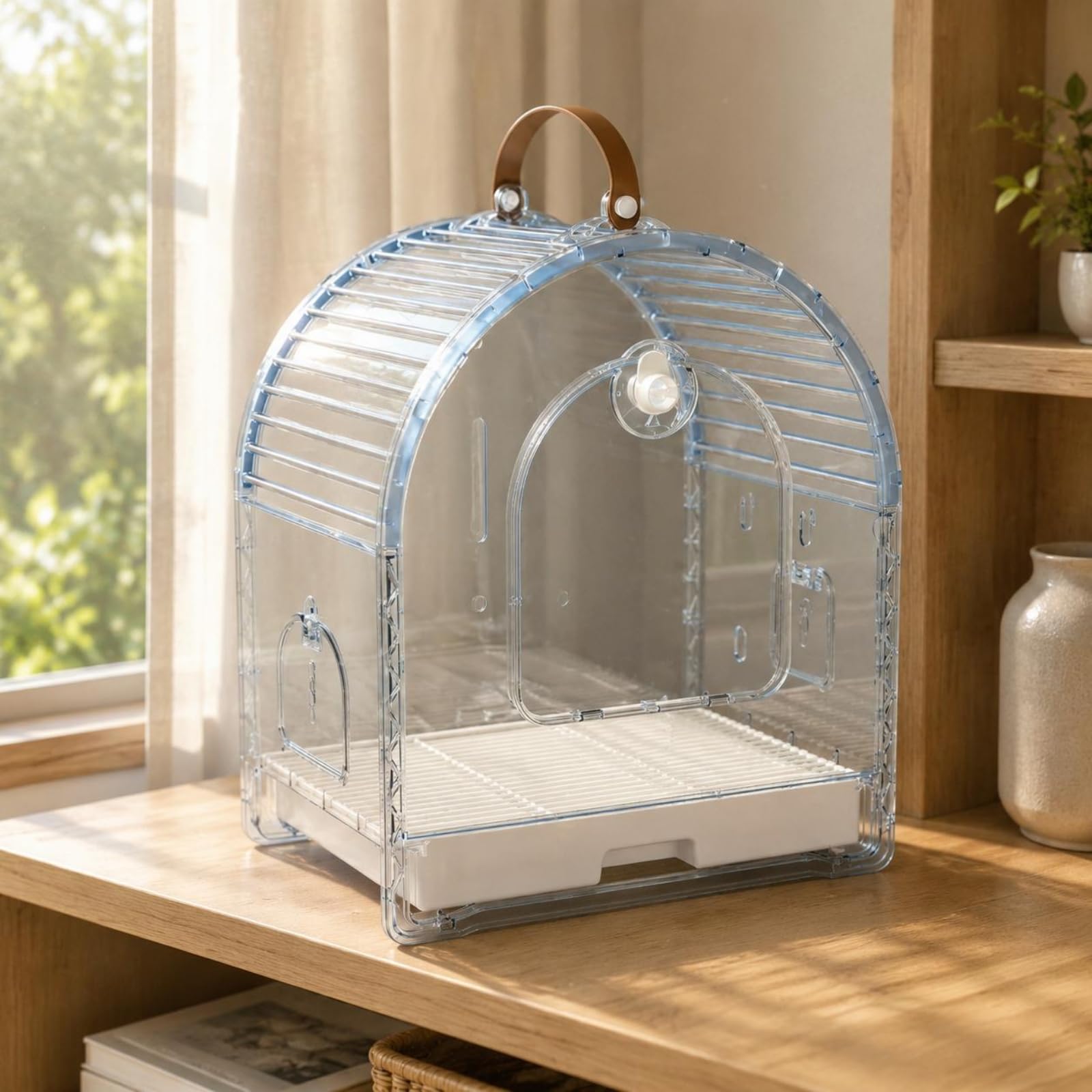 Jaula de Viaje Transparente Gran Espacio Transportador de Aves Transpirable Estilo Moderno Artículo Portátil para Salidas, Blanco Arroz, Mediano