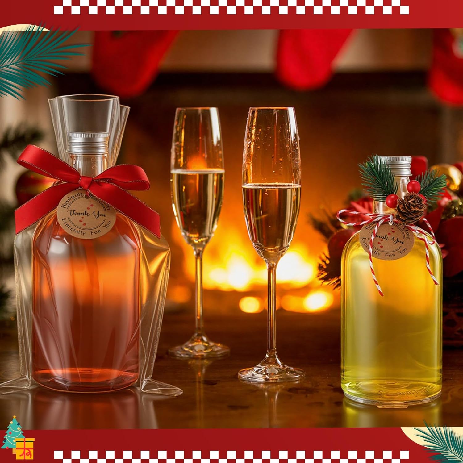 Tioncy 16oz Christmas Plastic Wine Bottles with Clear Wine Bags Artificial Pine Cone Branches Ribbons Labels 500ml Christmas Coquito Bottles for Homemade Brewing Xmas Baby Shower Party Favors(24 Pack)