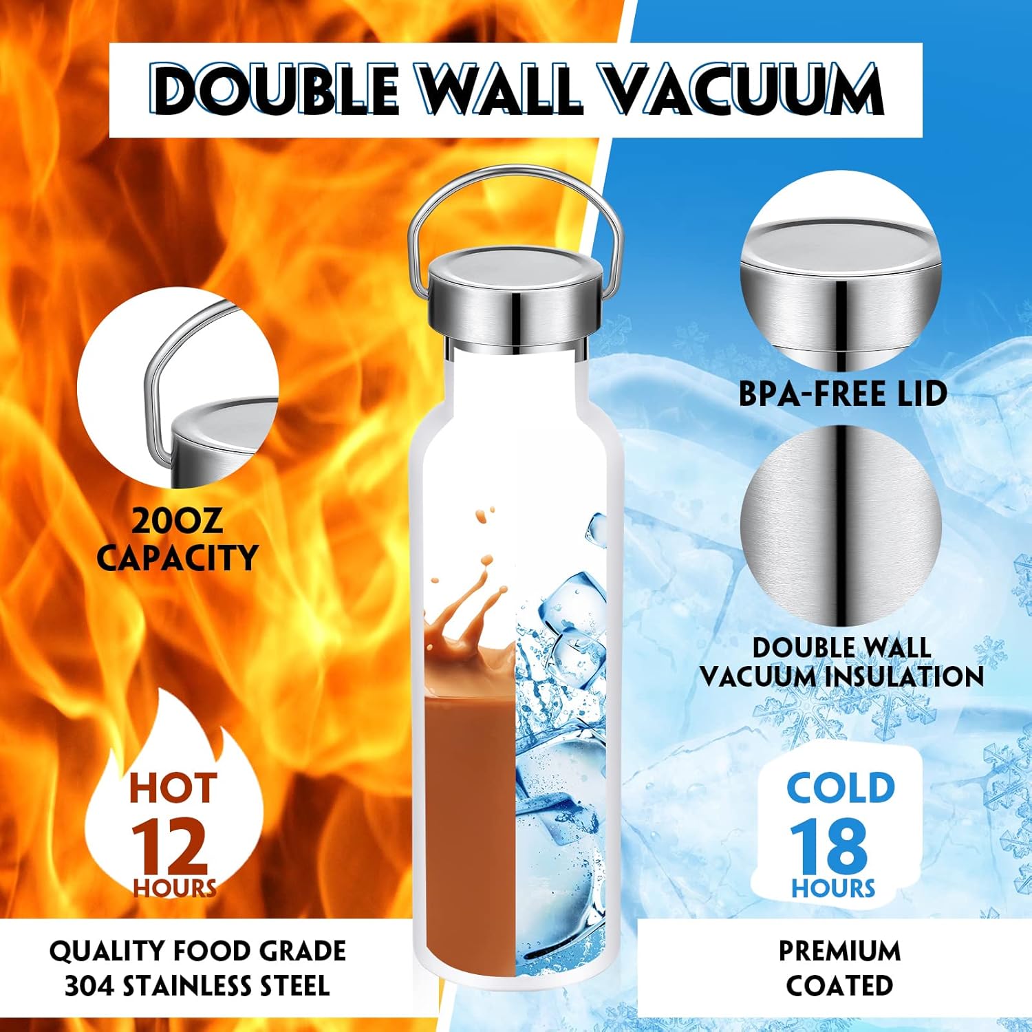 Mimorou 10 Pack Insulated Water Bottle 20 oz Stainless Steel Sport Bottle Bulk Double Wall Metal Reusable Flask with Leakproof Lid of Handle for Travel Cyclists School Gift(White) - Image 3