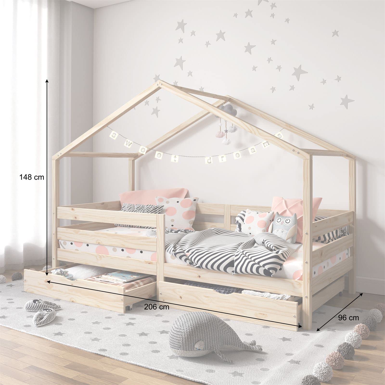 IDIMEX Hausbett ENA aus massiver Kiefer, schönes Montessoribett in 90 x 200 cm, Kinderbett mit Rausfallschutz, stabiles Spielbet mit Dach und 2 Schubladen in Natur