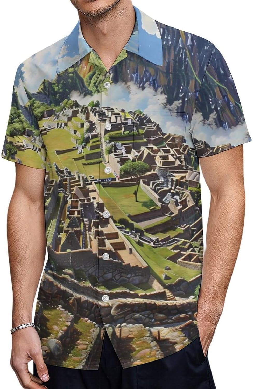Machu Picchu Landscape Men's Short Sleeve Shirts Casual Novelty Printed Button Down Tops