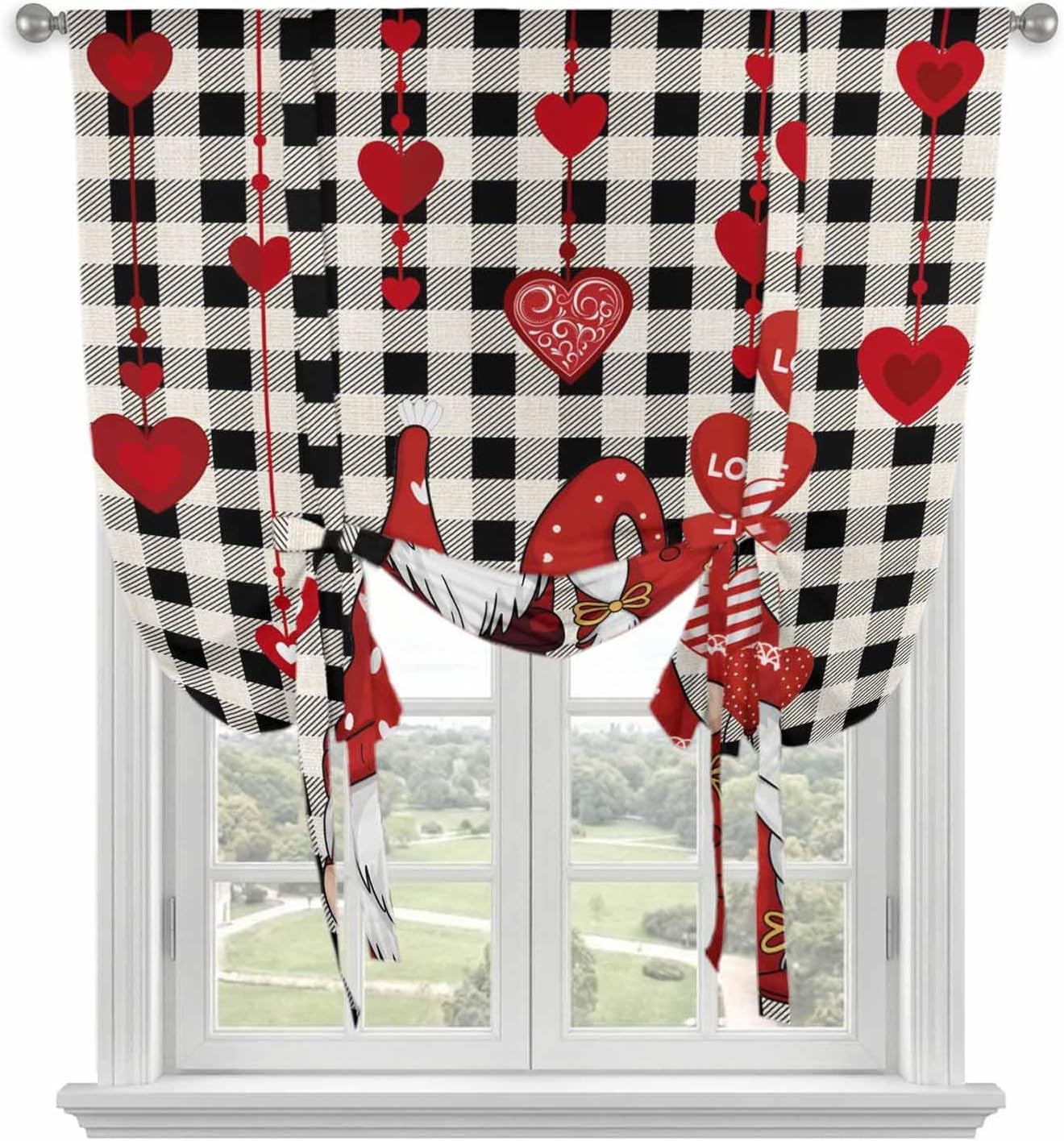 Valentine's Day Tie Up Curtains for Window, Red Gnomes Love Balloon Black White Plaid Thermal Balloon Shade Adjustable Rod Pocket Curtains Valance Panels for Kitchen Bathroom Café 46'' x 63''