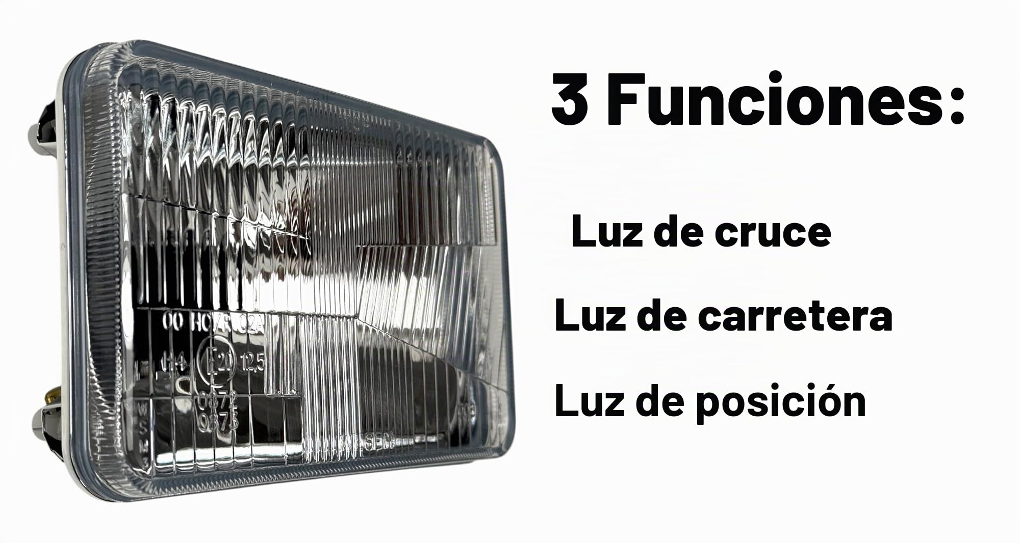 Juego de 2 Faros Delanteros para Tractor Agrícola Universal - H4 12V/24V - Luz de Cruce, Carretera y Posición - Carcasa de Metal y Vidrio - Homologado E20 IP54-168x106mm