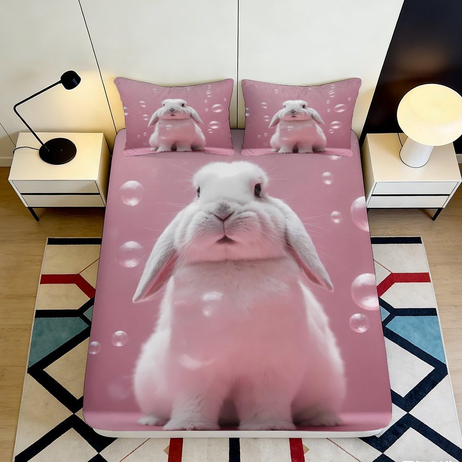 Pnayamiorkfel Style-4 3D Printed Pink Bunny Fitted Sheet Microfiber Soft Breathable Bubble Rabbit Bed Cover For Bedroom Guest Room Decor 90X200x25cm
