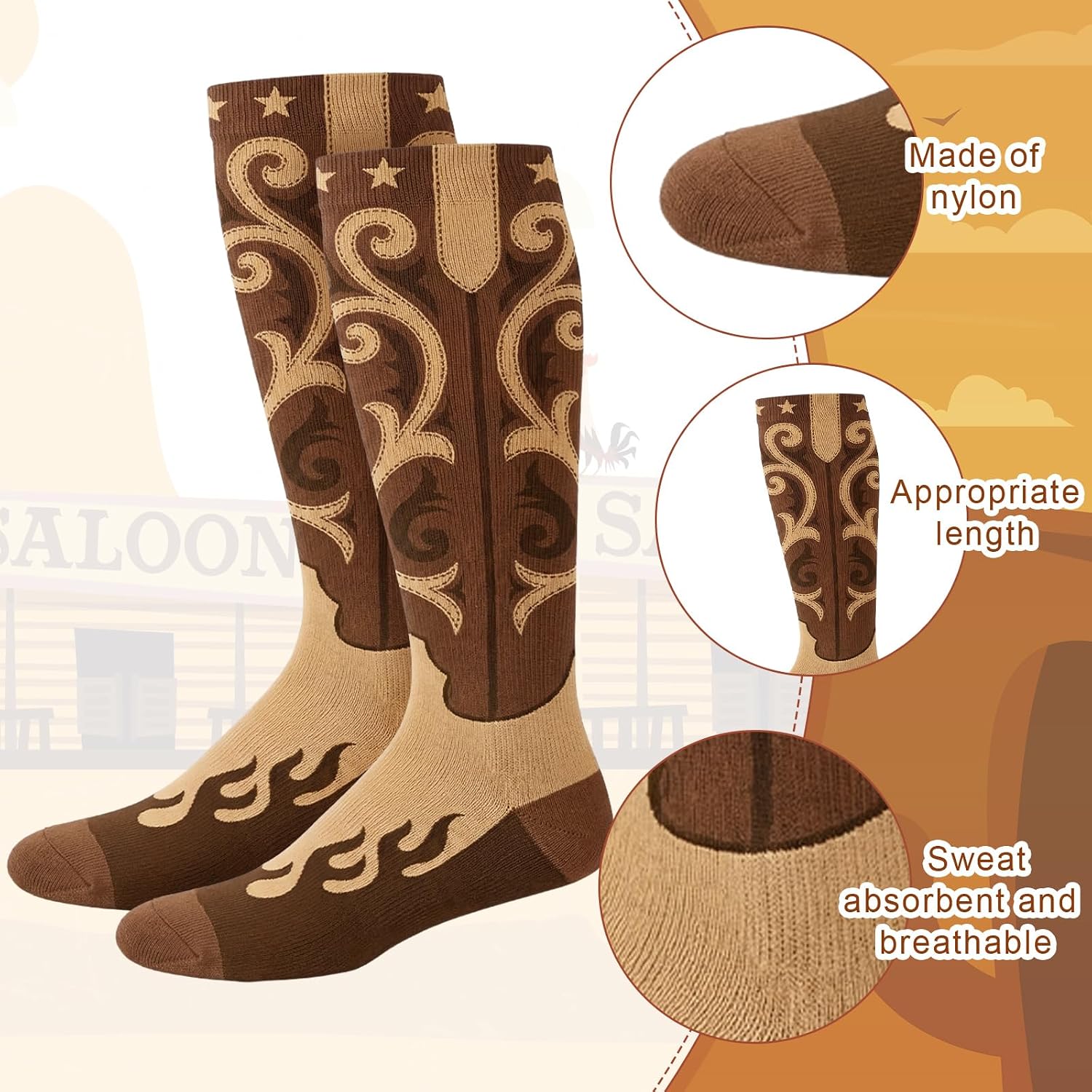 Toulite 6 Pairs Western Boots Socks for Men | Cowboy Style, over The Calf, Long Tall Cushioned Dress, Christmas Stocking Stuffer