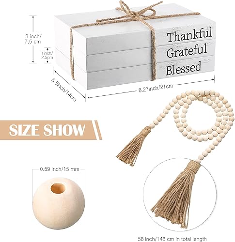 Miniatura 2 de Jetec 3 libros decorativos blancos de imitación de decoración de granja con guirnalda de cuentas de madera de 58 pulgadas para sala de estar, mesa