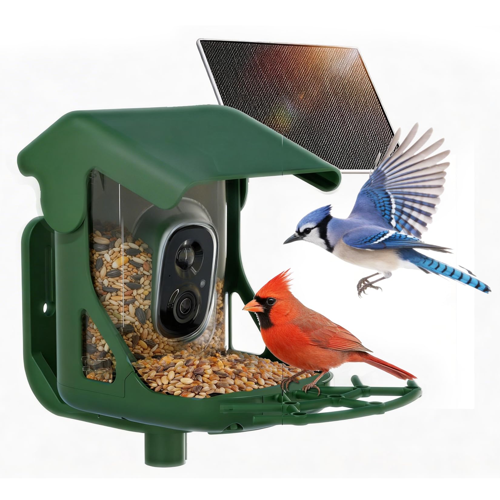 Vogelfutterstation mit Kamera, solarbetrieben, 4 MP 2,5 K Smart Outdoor Vogelhaus Cam, kostenlose KI-Vogelarten-Identifikation, Live-Ansicht & Wiedergabe, sofortige Benachrichtigungen