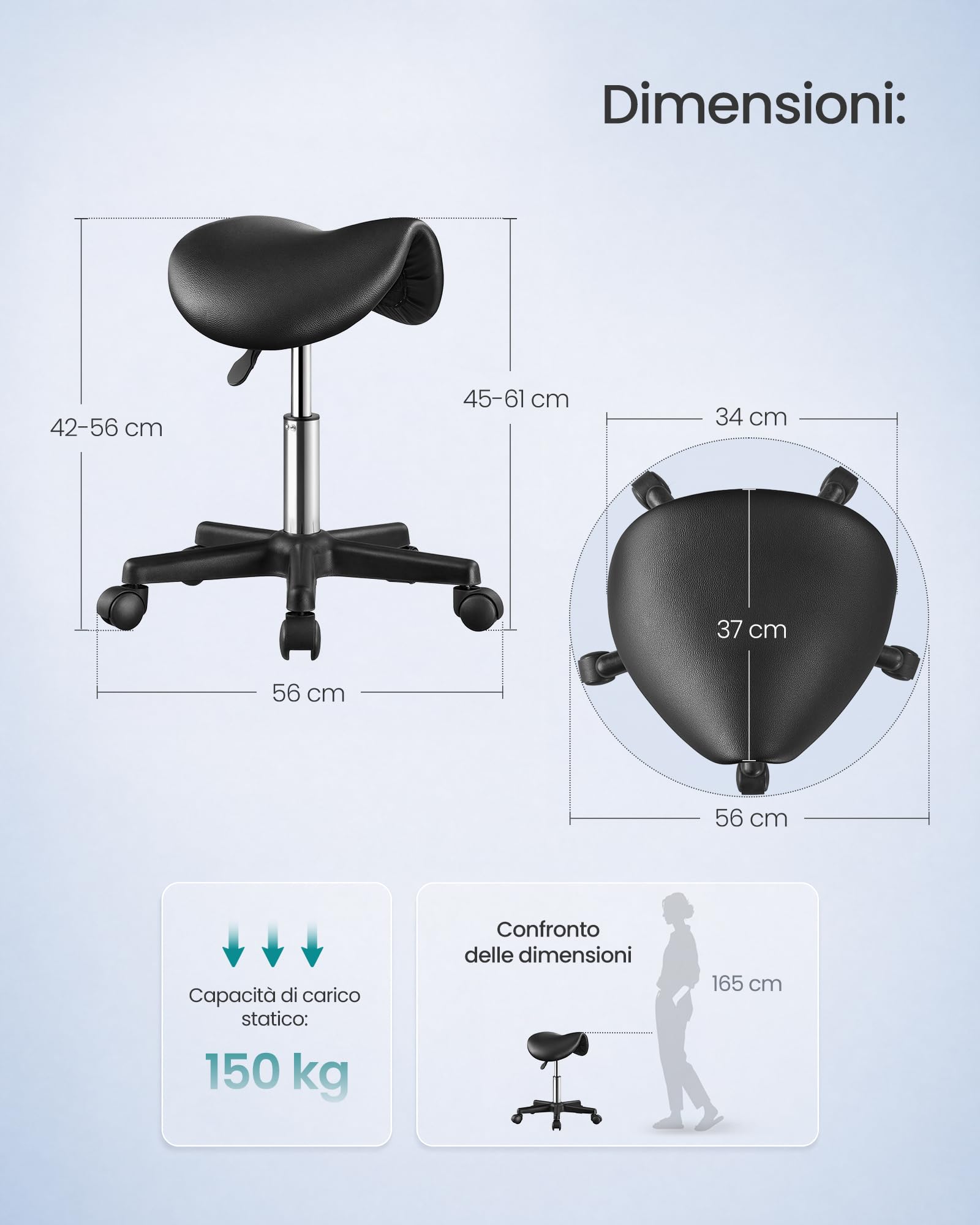 SONGMICS Sgabello a Sella, in Ecopelle PU, Girevole e Regolabile in Altezza, Ergonomico, 56 x 56 x (45-61) cm, Nero, per Ufficio e Salone, Collezione Activo OSC014B101