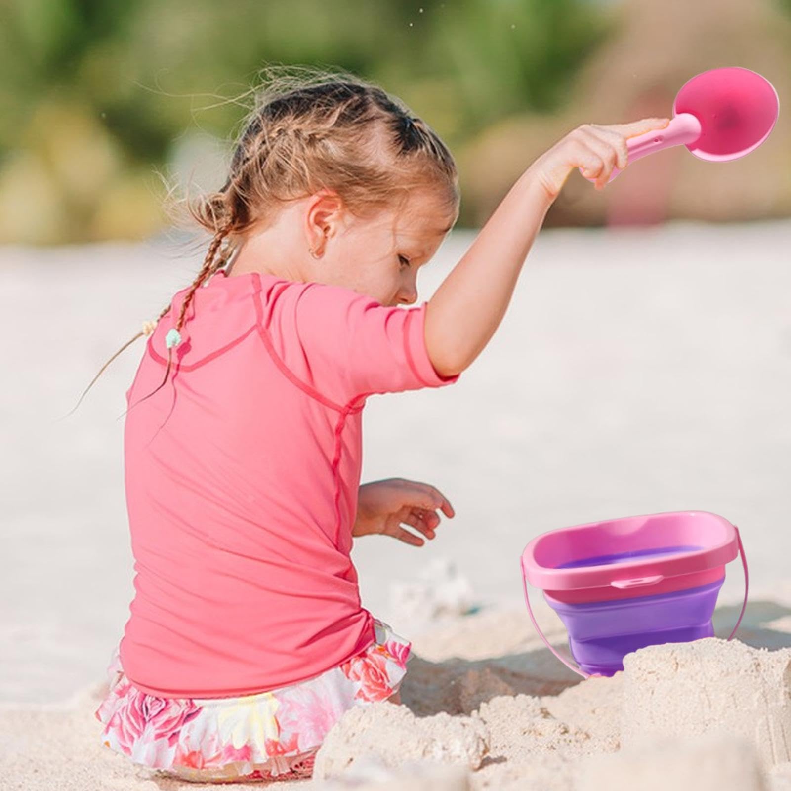 Set Giocattoli Spiaggia Giochi Sabbia Viaggio con Secchiello Piegevole e