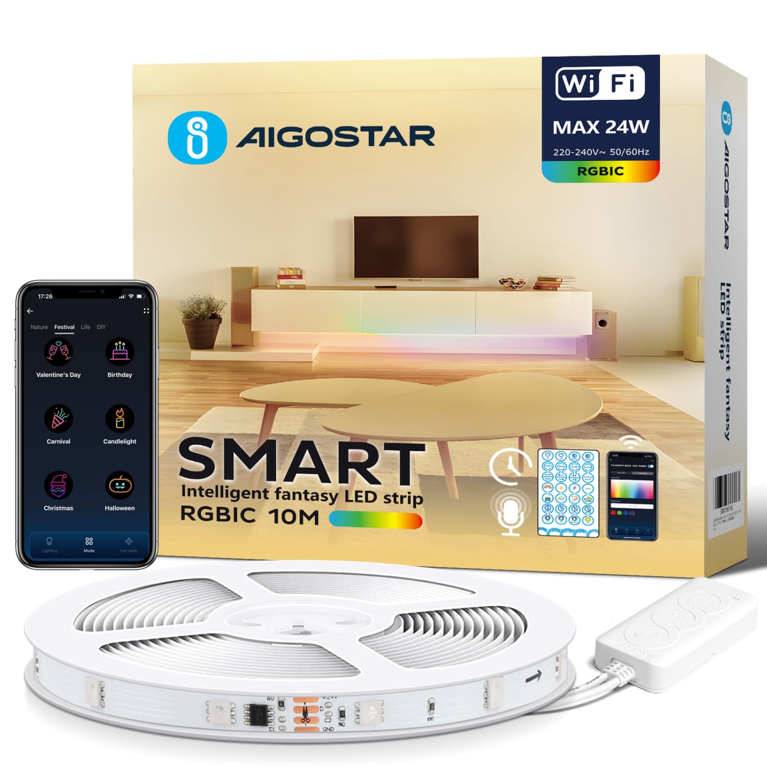 Aigostar Striscia LED Alexa, RGBIC, 10M(30LEDs/M), 24W, Striscie LED Smart con Controllo Segmenti, Sync Musica, Colore Fai da te per Camera, Festa, Bricolage, Decorazione della Casa, Gaming