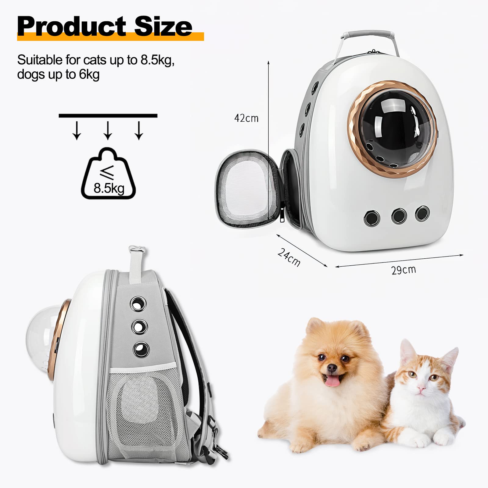 Galatée Mochila para Gatos, Mochila para Mascotas Cápsula Espacial, Mochila Transparente Impermeable para Mascotas, Mochila para Transportar Cachorros a La Moda(Accesorios Grises, Blanco + Negro)