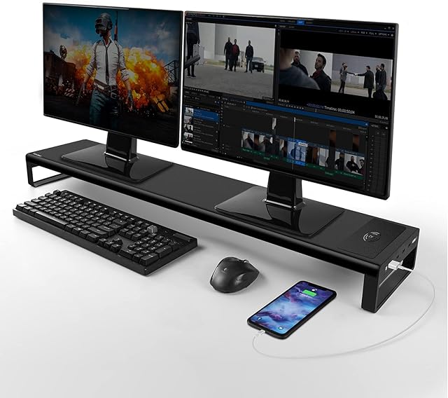Vaydeer Dual Monitor Stand Riser with Wireless Charging and 4 USB 3.0, Metal Desk Computer Stand for 2 Monitors, Aluminum PC Screen Stand for Office, Laptop, Computer, iMac up to 32 Inches - Black