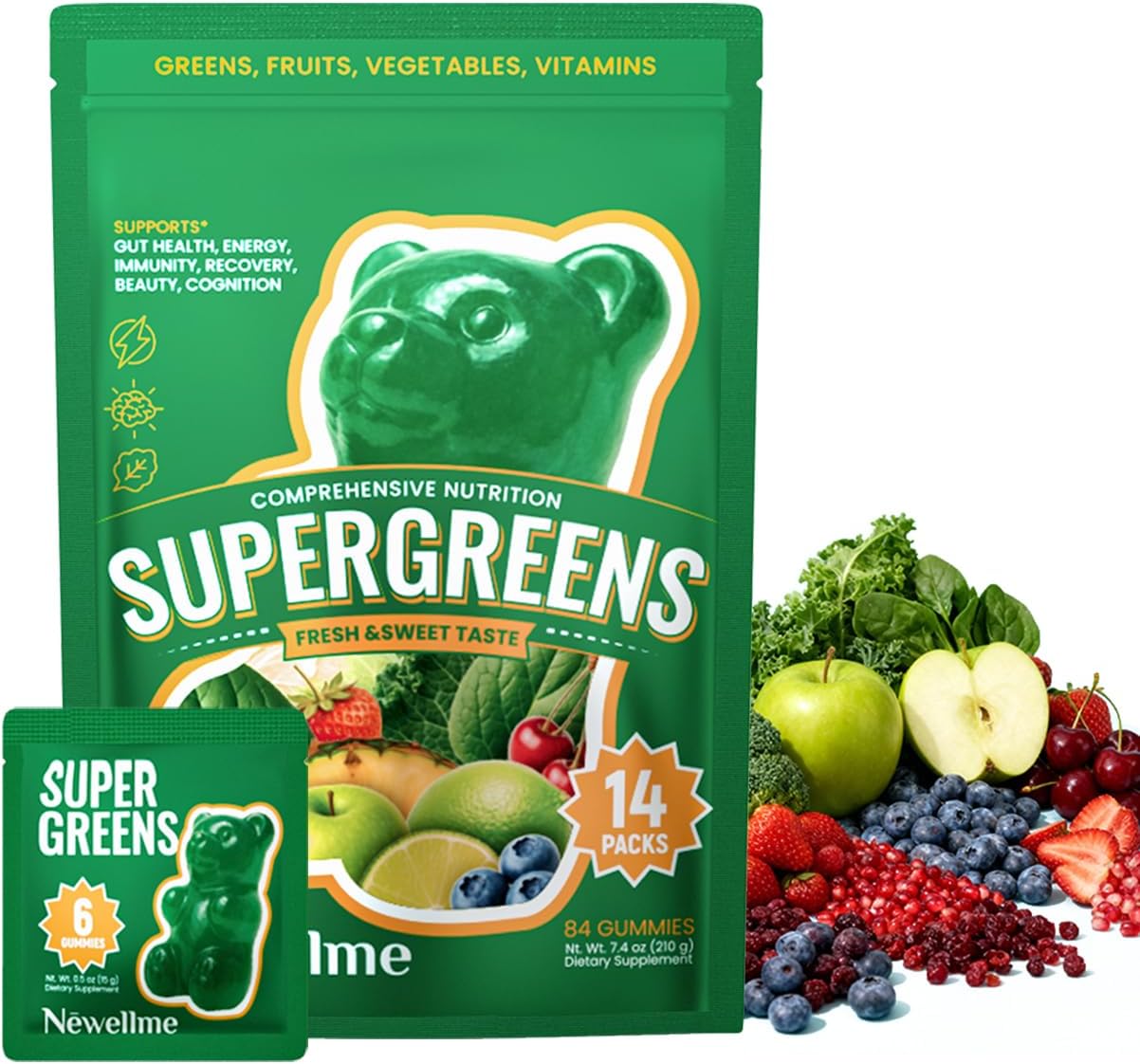 NEWELLME Super Greens Gummies, Delicious Daily Greens Multivitamin Gummy Bears with Superfoods, Fiber & Probiotics for Gut Health, Energy & Immune Support, Sugar Free, 14 Grab-and-Go Packs