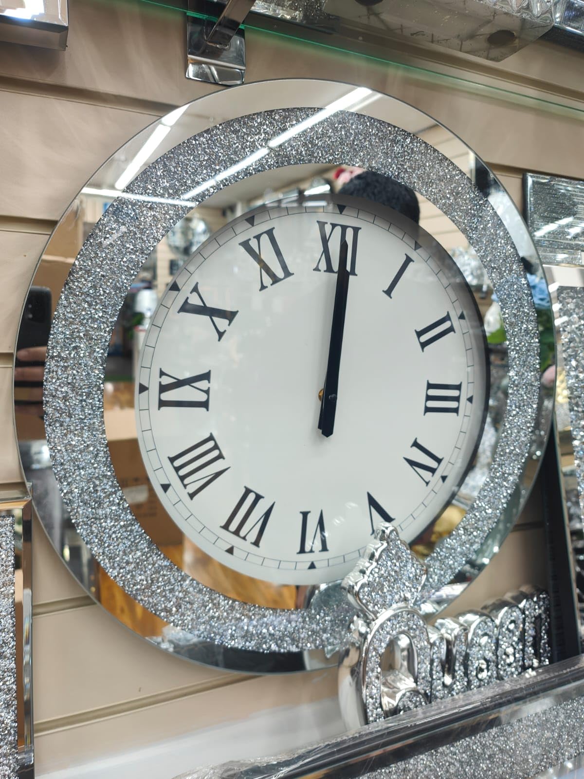 Biznest Silver Large Round Crushed Mirror Jewel Wall Clock Black Needles Roman Number Diamante Glass 50X50cm Eye Catching Home Décor
