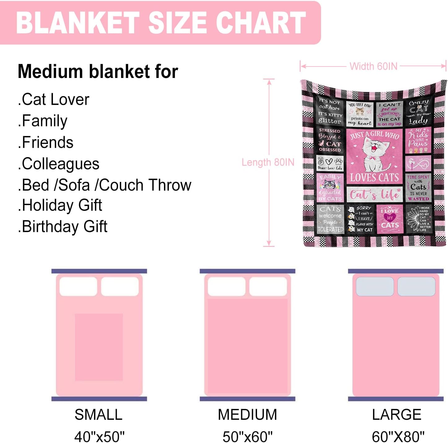 Cat Blanket - Gifts for Cat Lovers, Women, Girls, Mom - Crazy Cat Lady Merchandise 60"x80"