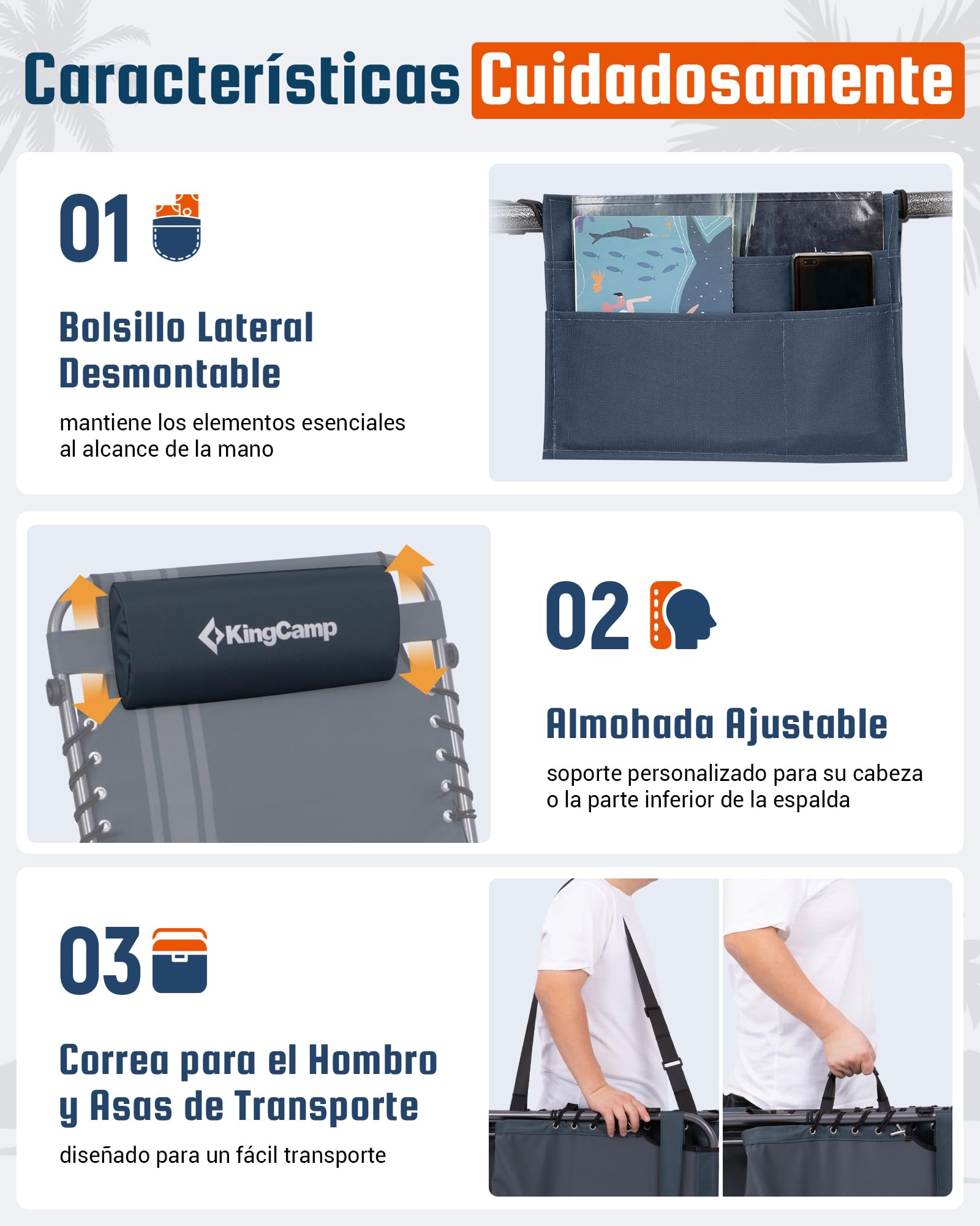 KingCamp Tumbona Plegable con Agujero para Lectura, Respaldo Ajustable 5 Posiciones, Silla Reclinable de Jardín con Correa, Cama Solar Portátil para Playa Terraza Piscina Camping Cama Supletoria