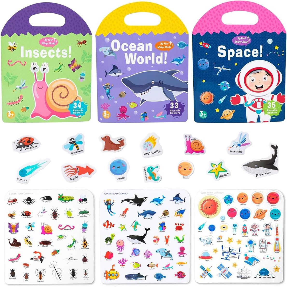 6 Sets Portable Jelly Quiet Busy Book, Vehicle & Animal & Ocean & Dinosaur & Insect & Space Reusable Sticker Books for Kids, Toddler Sticker Activity Book Preschool Learning Activities