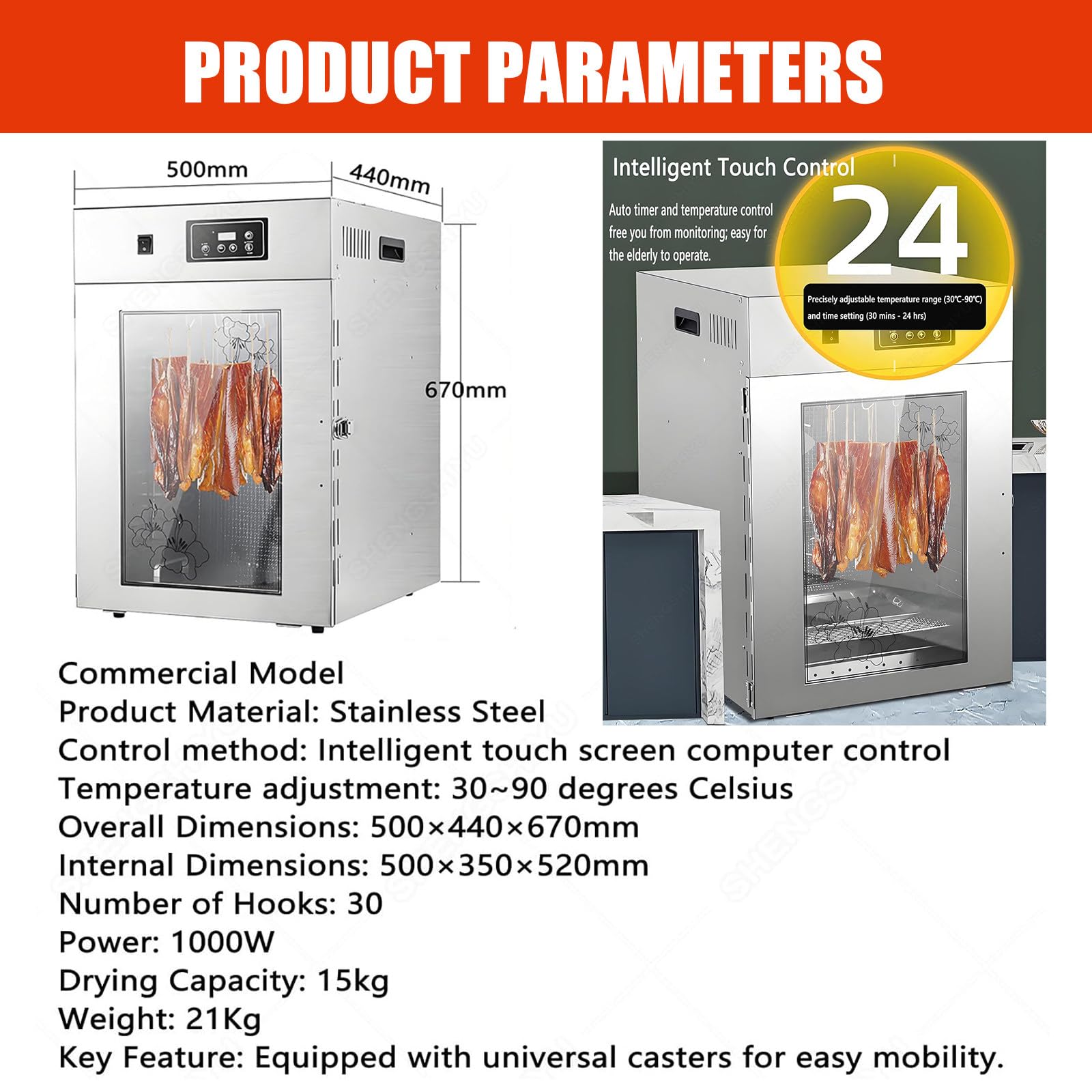 Essiccatore elettrico per alimenti, per carne secca, essiccatore per carne professionale, essiccatore rotante a 360° in acciaio inox per salsicce, controllo della temperatura 30-90℃, timer digita
