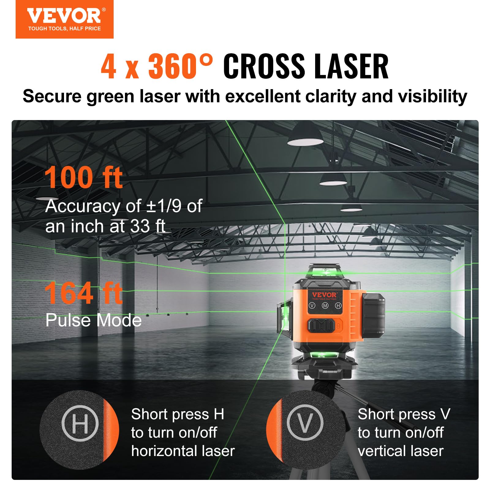 VEVOR Nivel Láser 360° x 4 16 Líneas Cruzadas Verdes 30 m Modo Autonivelante Manual Longitud de Onda 520 nm ± 10 nm Precisión 0,28 cm a 10 m Trabajo Continuo 5 h Con Batería