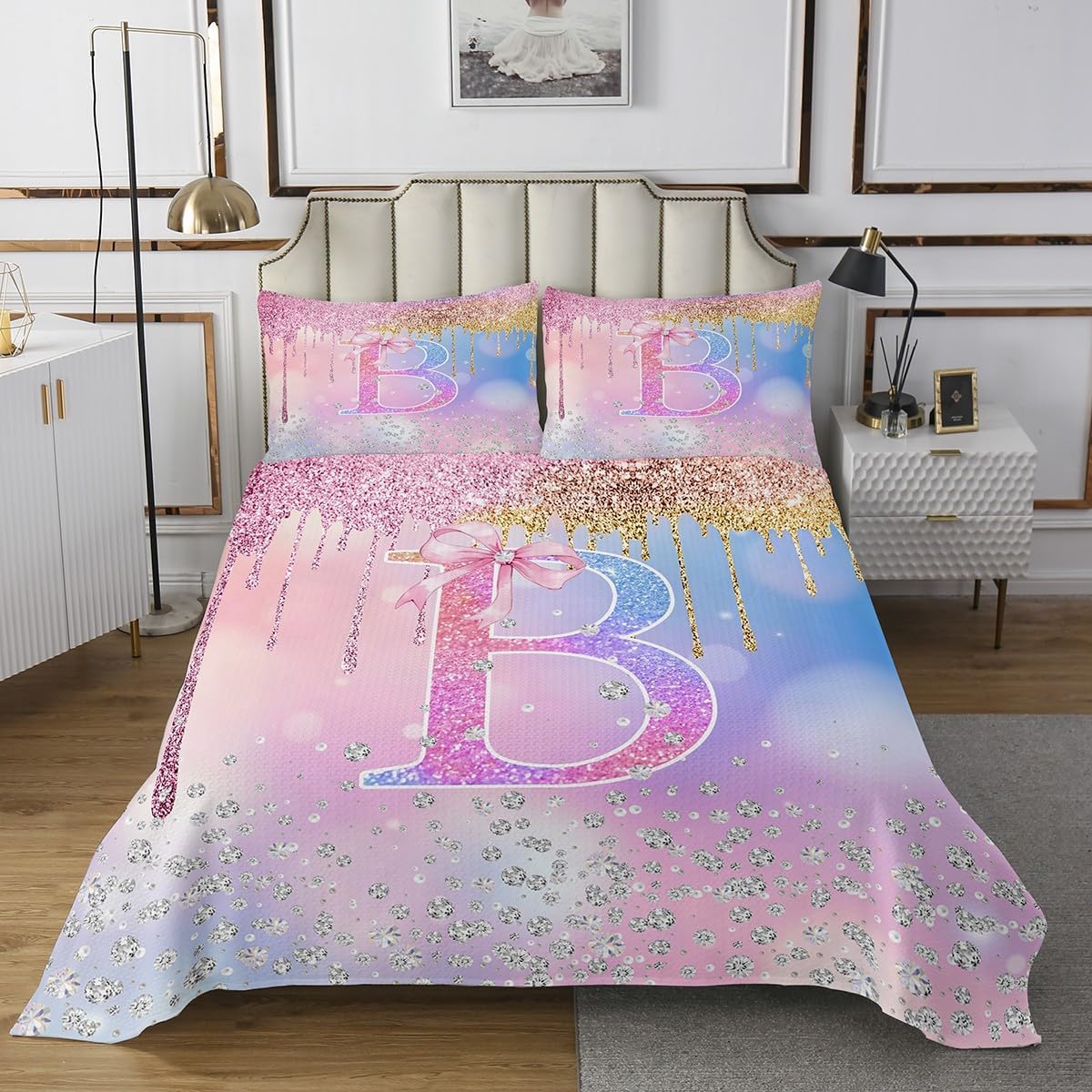 jejeloiu Pink Rose Gold Bedspread for Kids Boys Girls,Queen Size,Glitter Diamond Pattern Coverlet Set,Pink Bow Quilted Coverlet,Personalized Letter K Bedspread Cover Bedroom Decor,Monogrammed