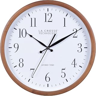La Crosse Technology 12.8" Atomic Walnut Wood Wall Clock - Auto DST, Precise Radio-Synced Time (404-50447)