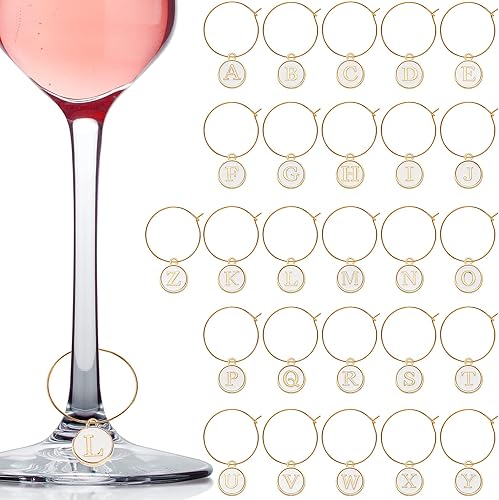 Miniatura 3 de Hicarer 26 dijes de vino para copas de tallo con anillos, letras metálicas, marcadores de abalorios de cristal, marcadores de cuentas para vino,