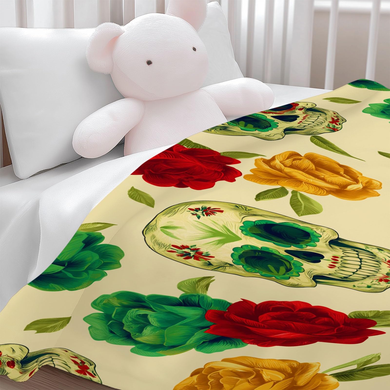 Genérico Polarowy koc flanelowy dla dzieci i dorosłych 200 x 200 cm, koce na sofę z nadrukiem wykwintny wzór czaszki szkielet kwiaty - kremowy miękki ciepły ciepły żółty koc oddychający lekki