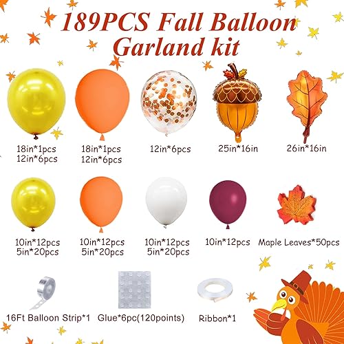 Miniatura 2 de AobkDeco Kit de arco de guirnalda de globos de otoño de 189 piezas, decoraciones de otoño, globos naranjas, burdeos, blancos, para Acción de