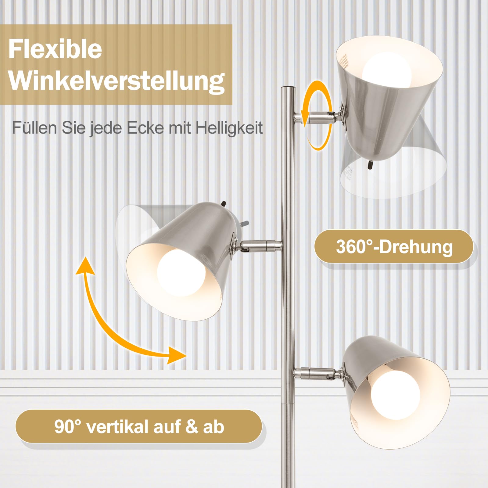 COSTWAY 163cm Stehlampe 3 flammige, Stehleuchte mit 3 E27 Glühbirnen & 360° verstellbaren Lampenschirmen & schwerer Fuß, Lesestehlampe für Wohnzimmer, Schlafzimmer, Büro (Silber)