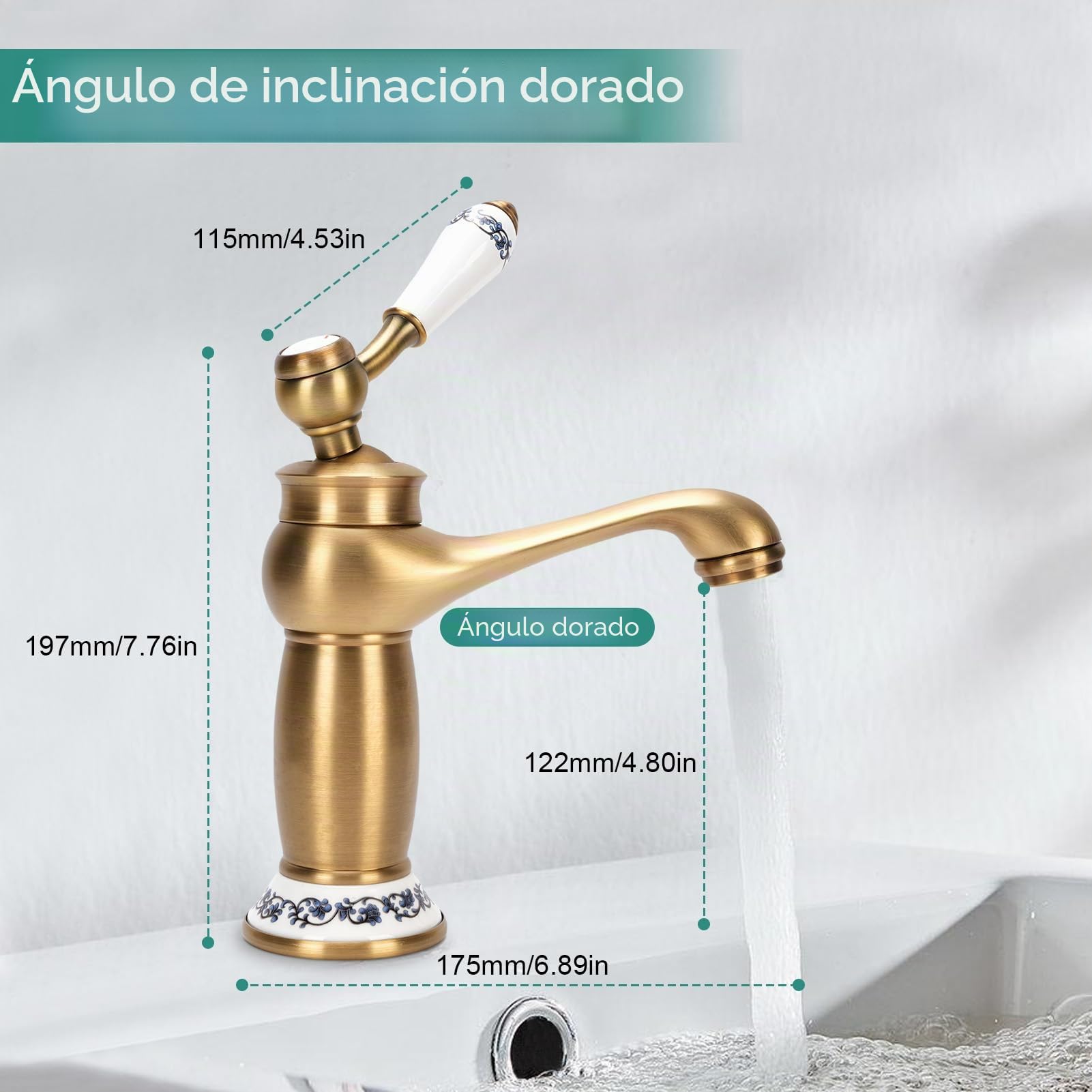 Grifo de lavabo de latón antiguo, latón antiguo, grifos de cerámica vintage, grifos de baño vintage con palanca única para lavabo