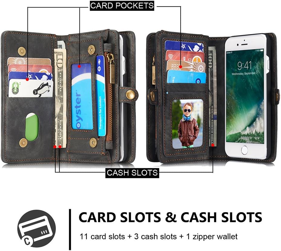 Iphone 7 Plus Leather Wallet Magnetic Phone Case Detachable Protective Case with Card Holder Folio Flip Cover, Grey