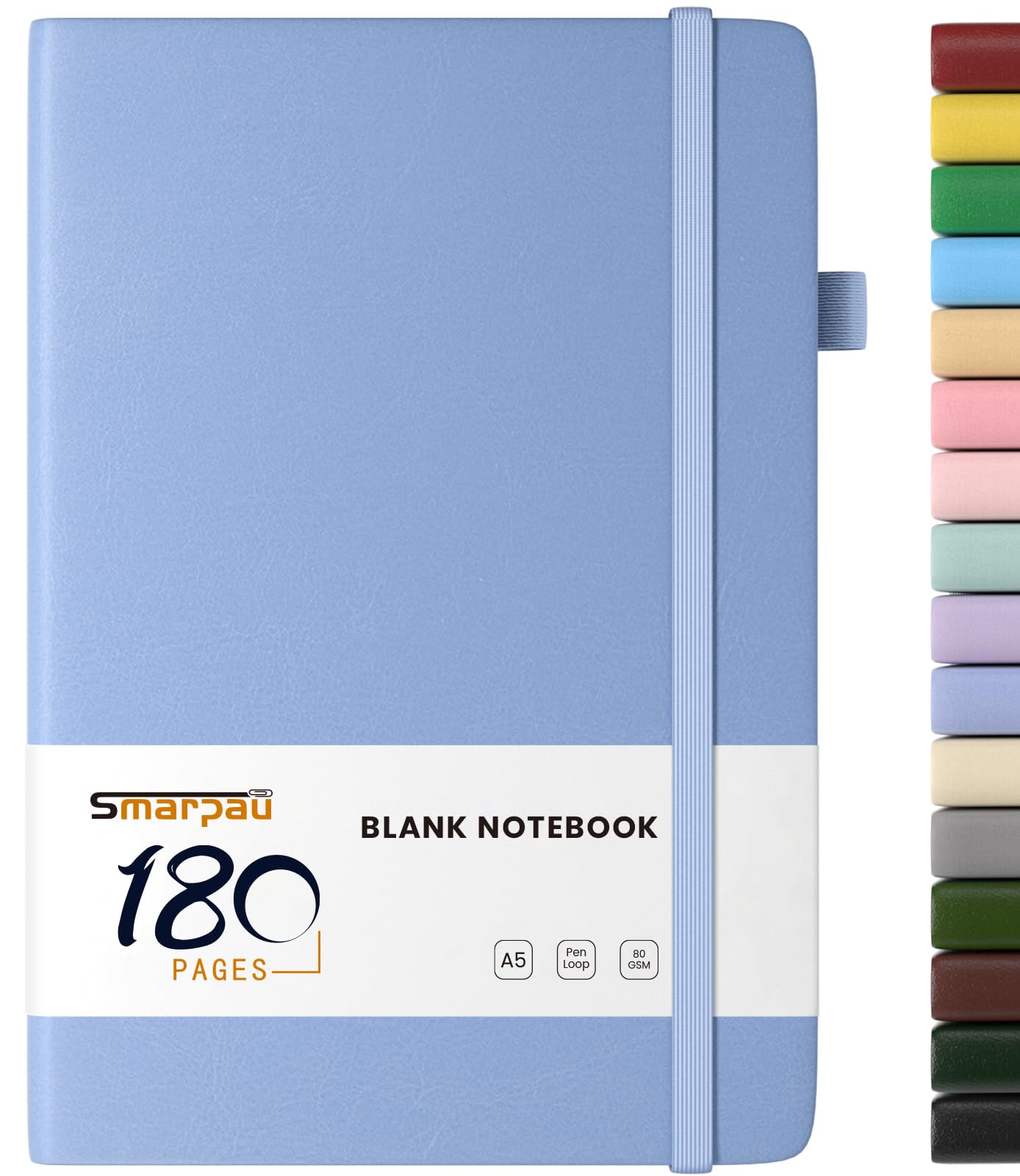 Smarpau Blank Notebook A5, 180 Pages Hardcover Plain Paper Notebook, Leather Journal for Women Men, Notepad for Drawing Writing Sketching, Light Blue