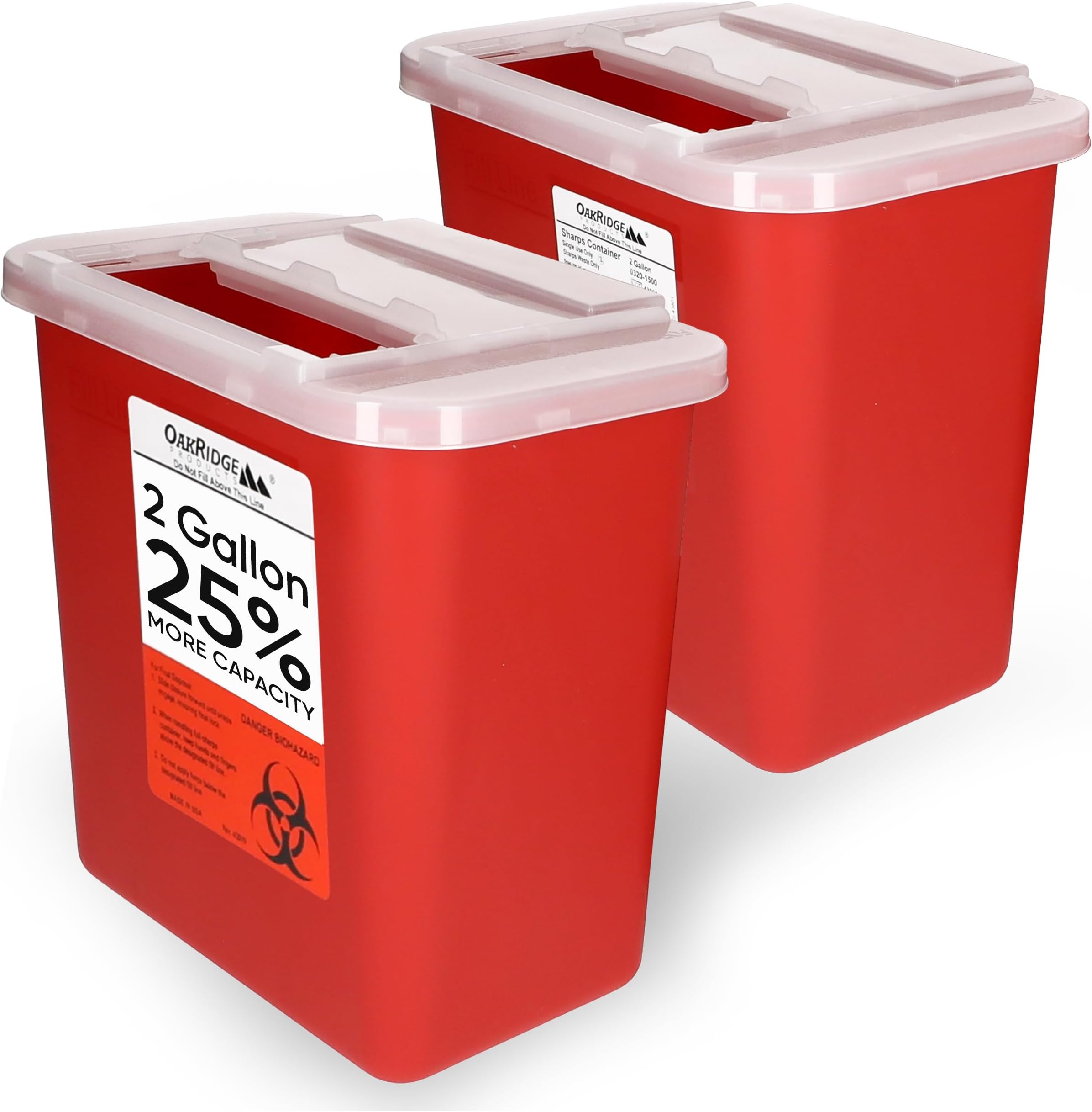 Oakridge Products Large Sharps Container for Home Use and Professional 2 Gallon (2-Pack) with Sliding Top, Biohazard Needle and Syringe Disposal, CDC Certified