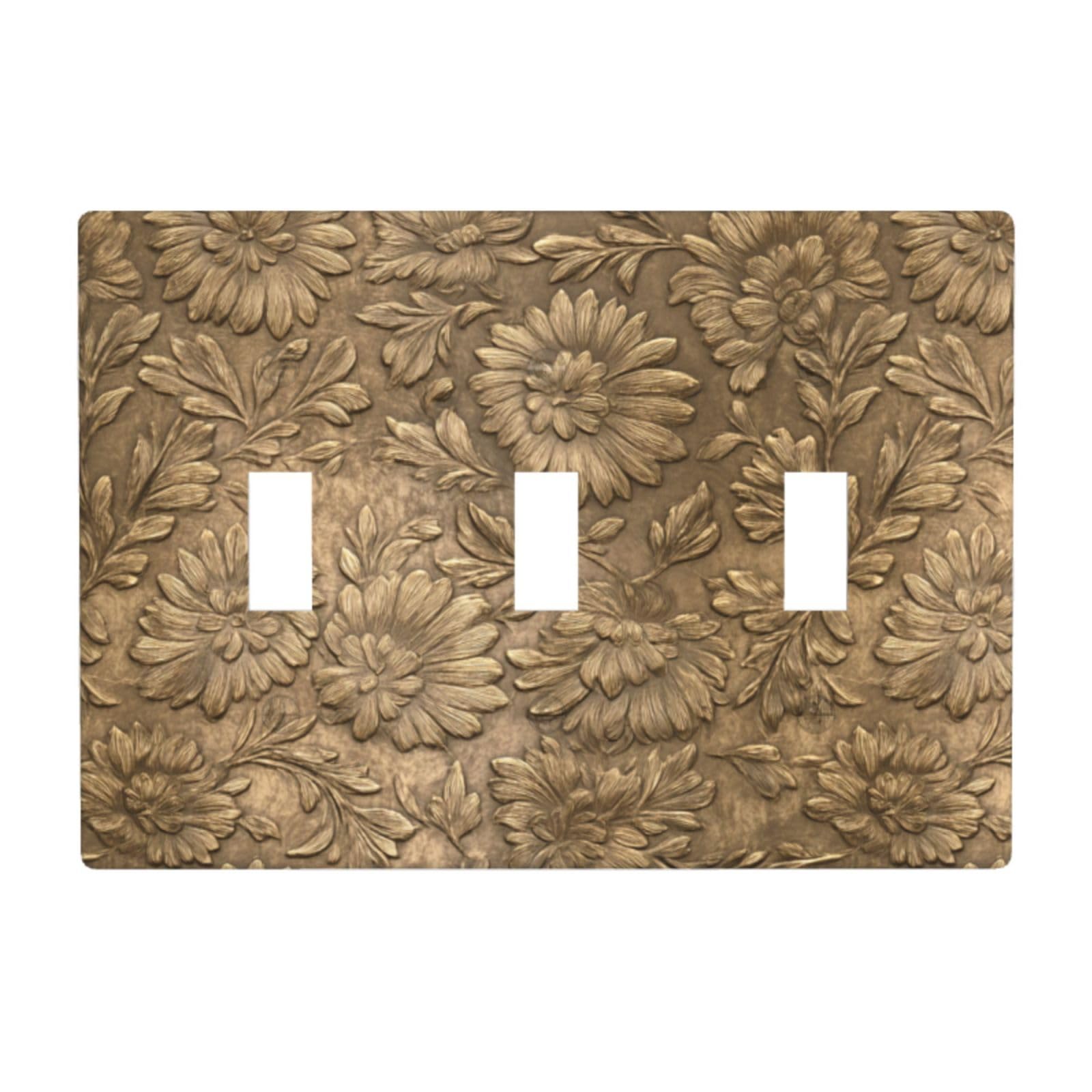 Foil-Pressed Bronze Floral Light Switch Covers 3 Gang Triple Toggle Wall Plate Switchplate Electrical Faceplate for Bathroom Kitchen Bedroom Decor
