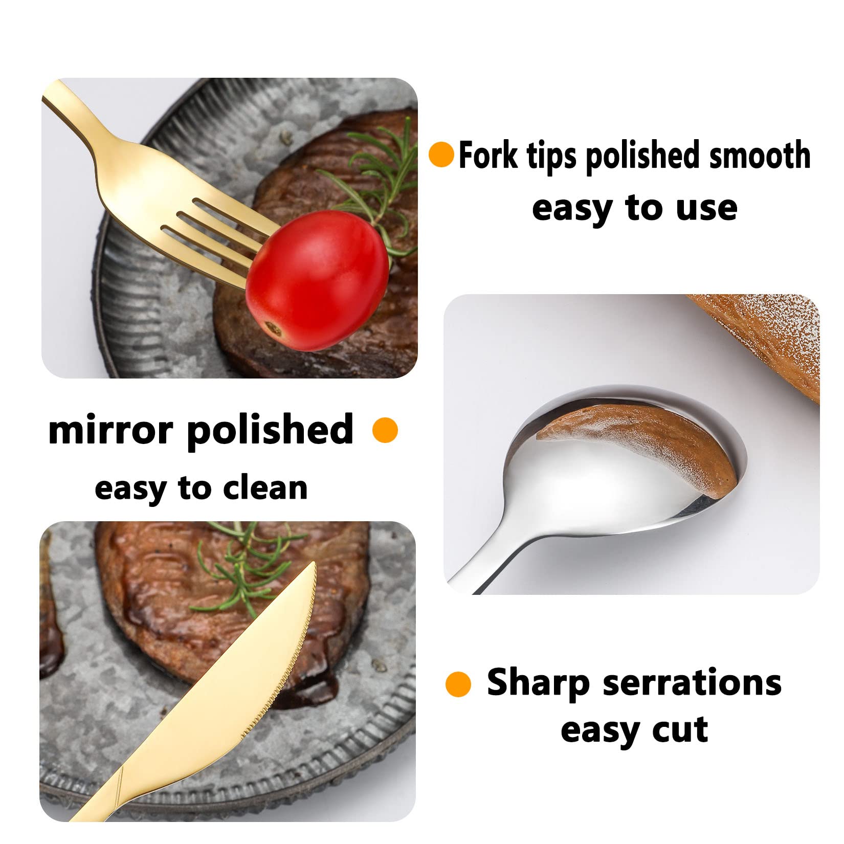 Ensemble D'argenterie avec Couteaux À Steak, Ensemble De Couverts Réutilisables en Acier Inoxydable De 24 Pièces, Finition Polie Miroir Durable pour Un Usage Quotidien, Fête,Marron