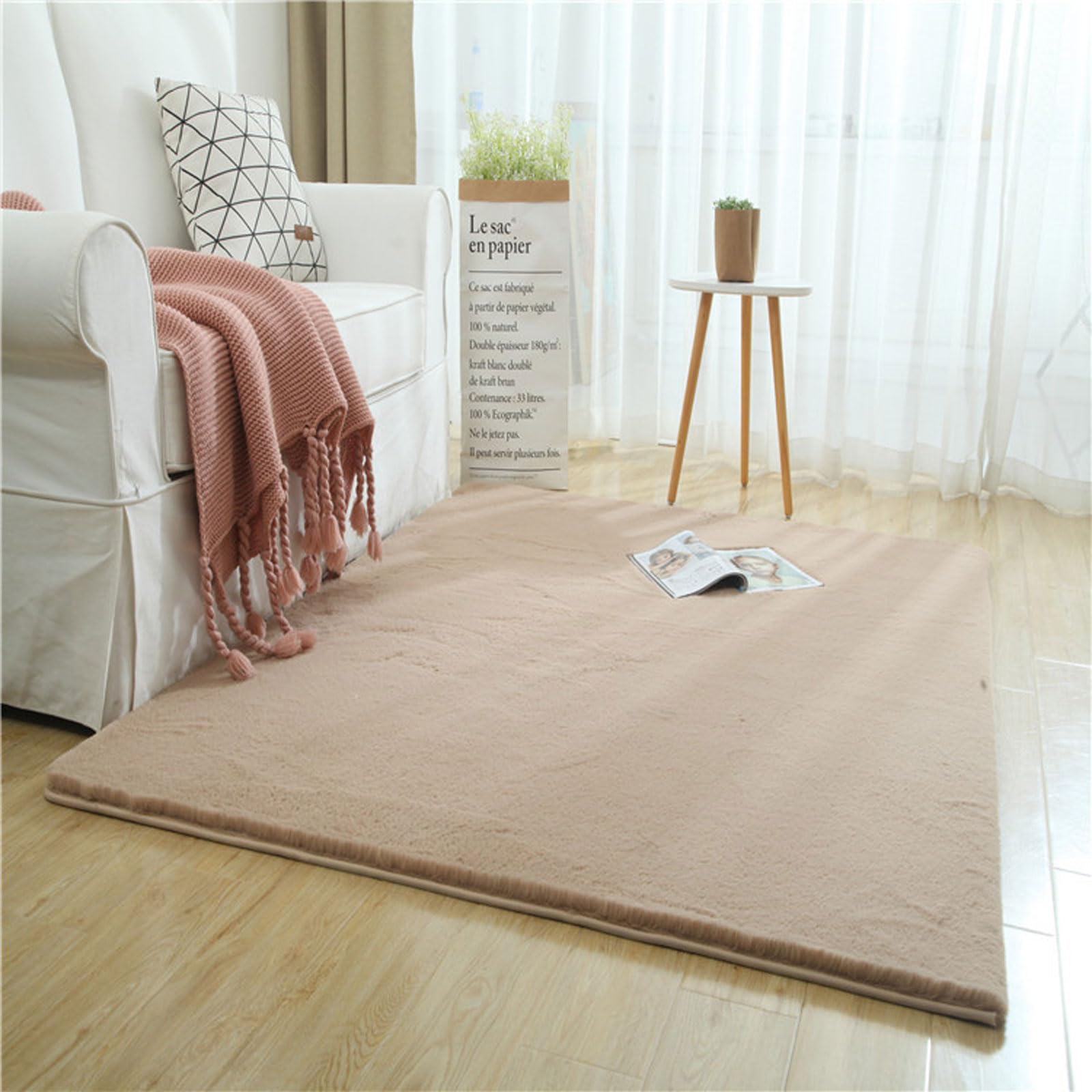 Tapis lavable et anti-dérapant en peluche courte moderne couleur camel