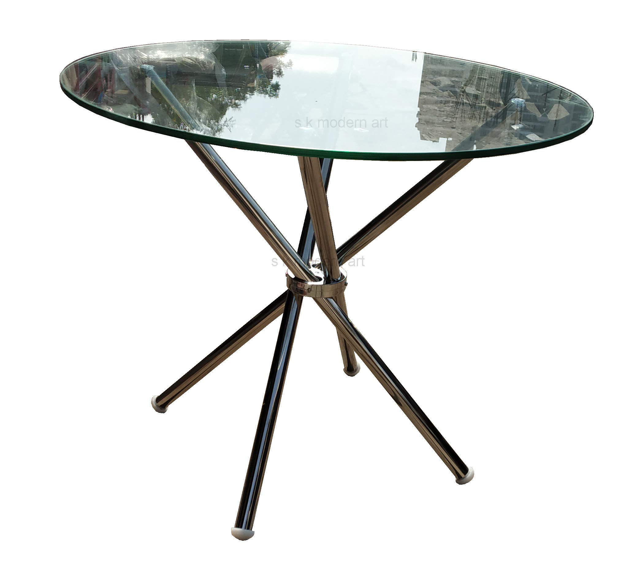 s k modern art Stainless Steel Folding Dining Table with 4 Chair Pure Steel (3' x 3' feet top Glass, Brown Leather Chair) 4
